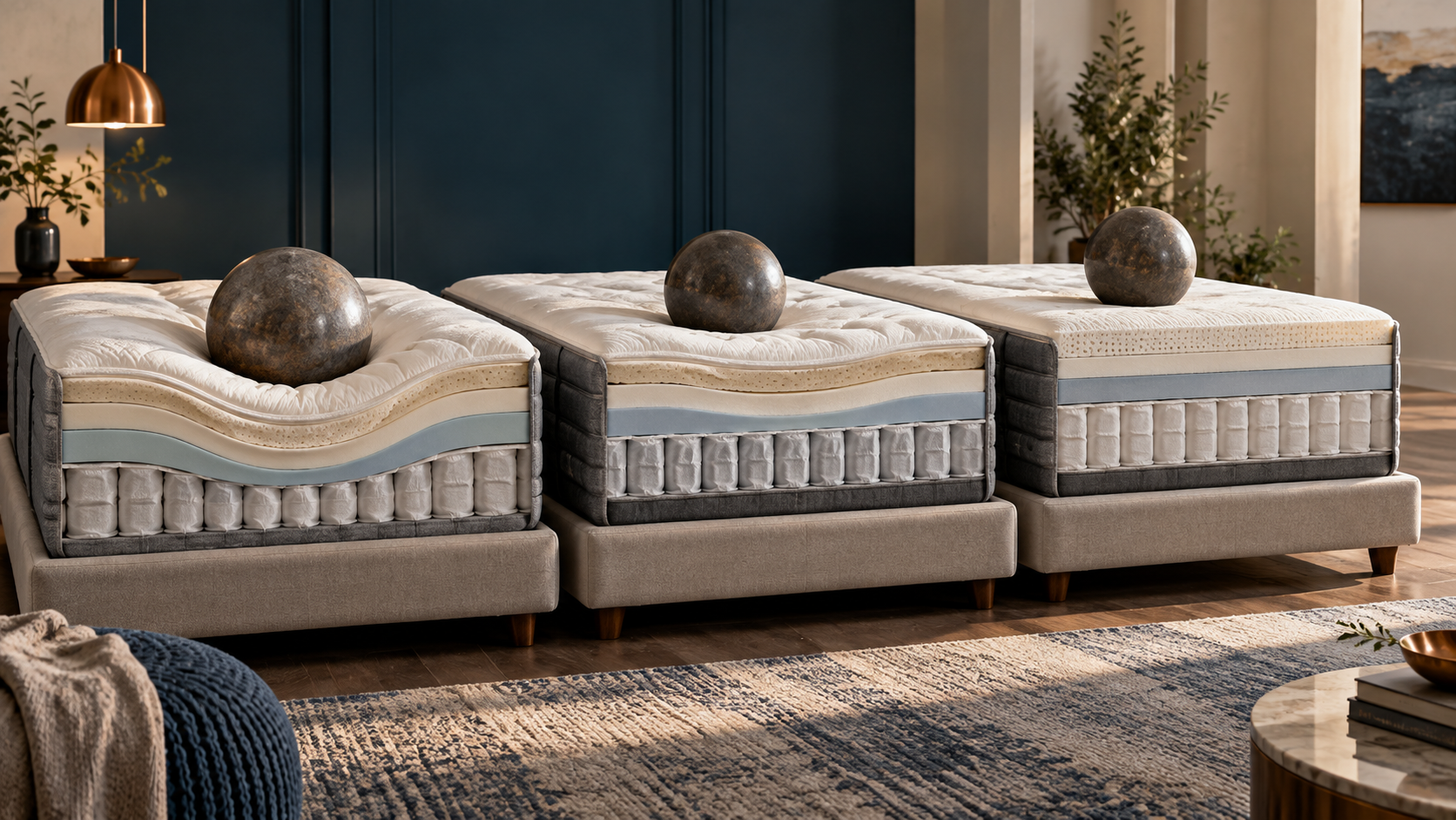 Three unbranded mattress cutaways showing deep, moderate, and shallow surface compression