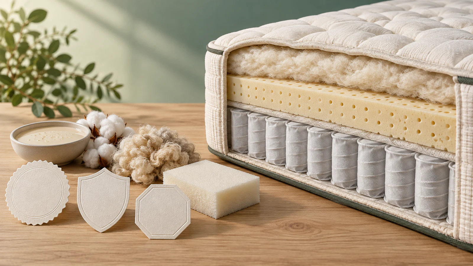 Organic cotton, wool, and latex materials arranged beside a mattress
