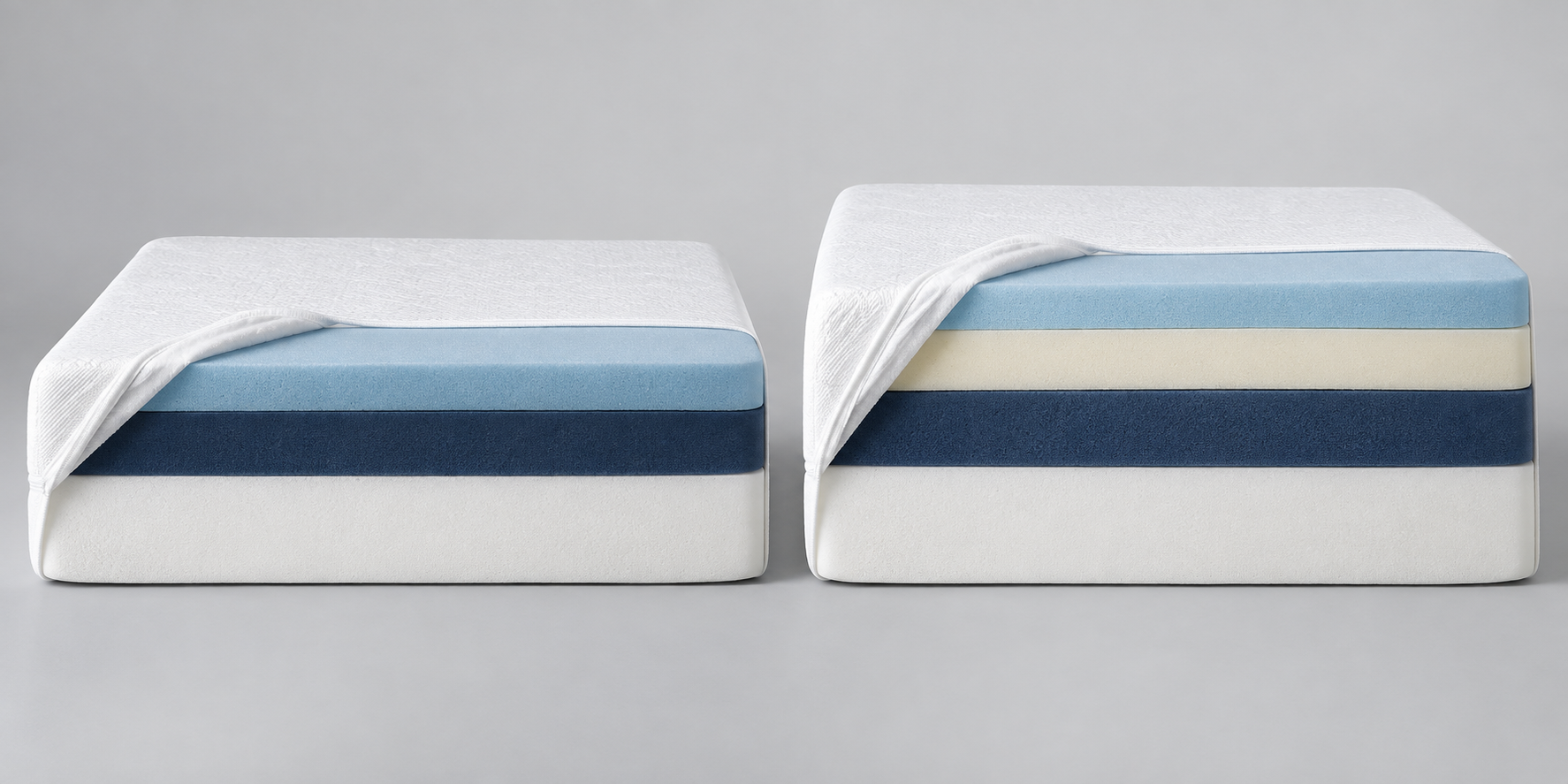 Illustrated side-by-side foam mattress cutaways showing a taller option with an additional comfort layer