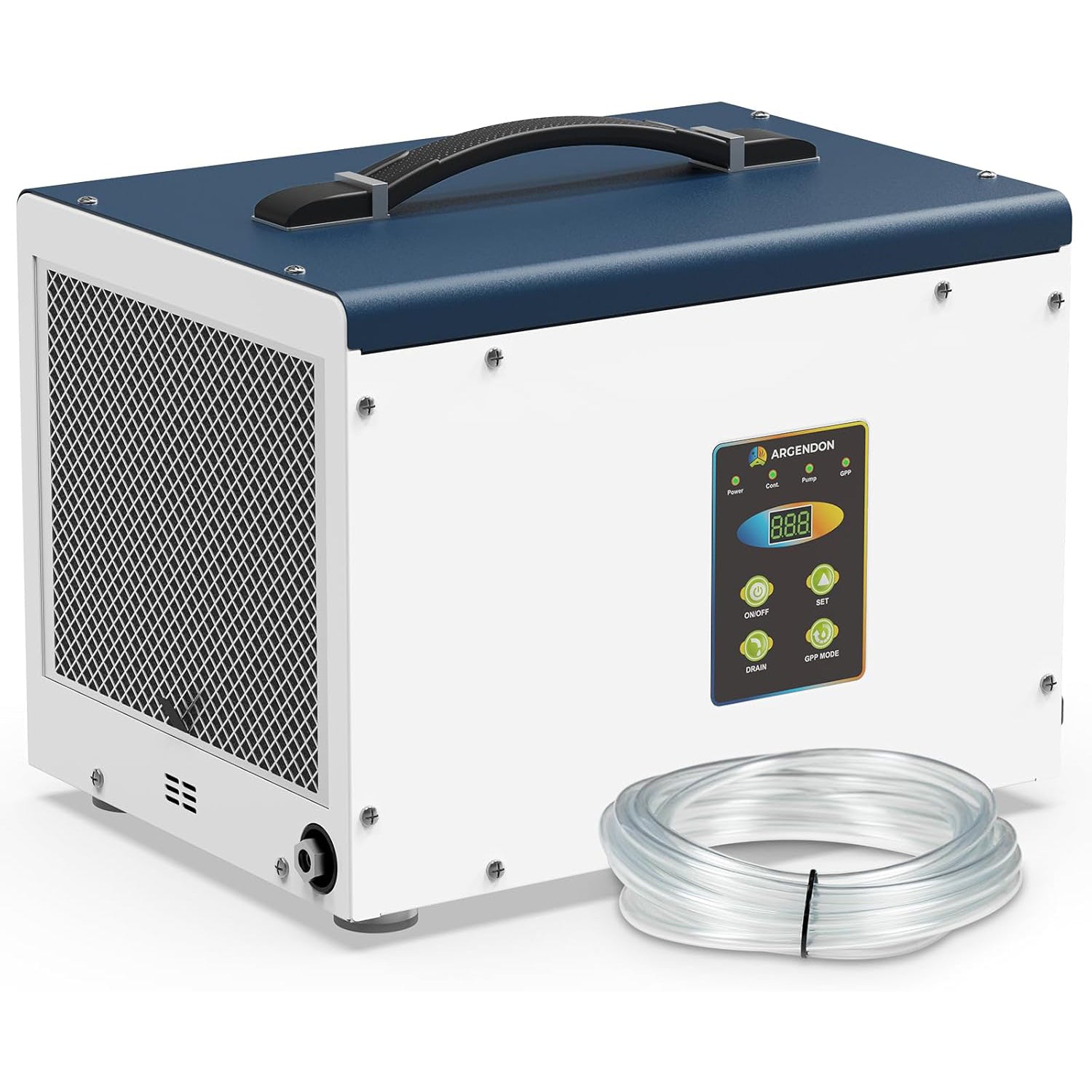 White and blue Argendon Shield 35P compact dehumidifier with drain hose