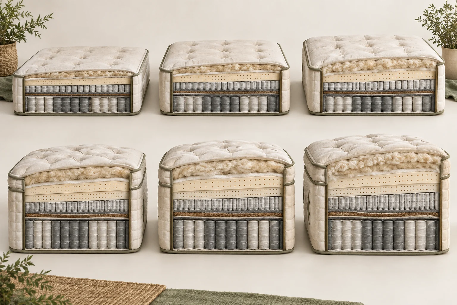Illustrated cutaway showing three progressively cushioned tufted-top natural hybrid mattresses above three progressively cushioned pillow-top natural hybrids