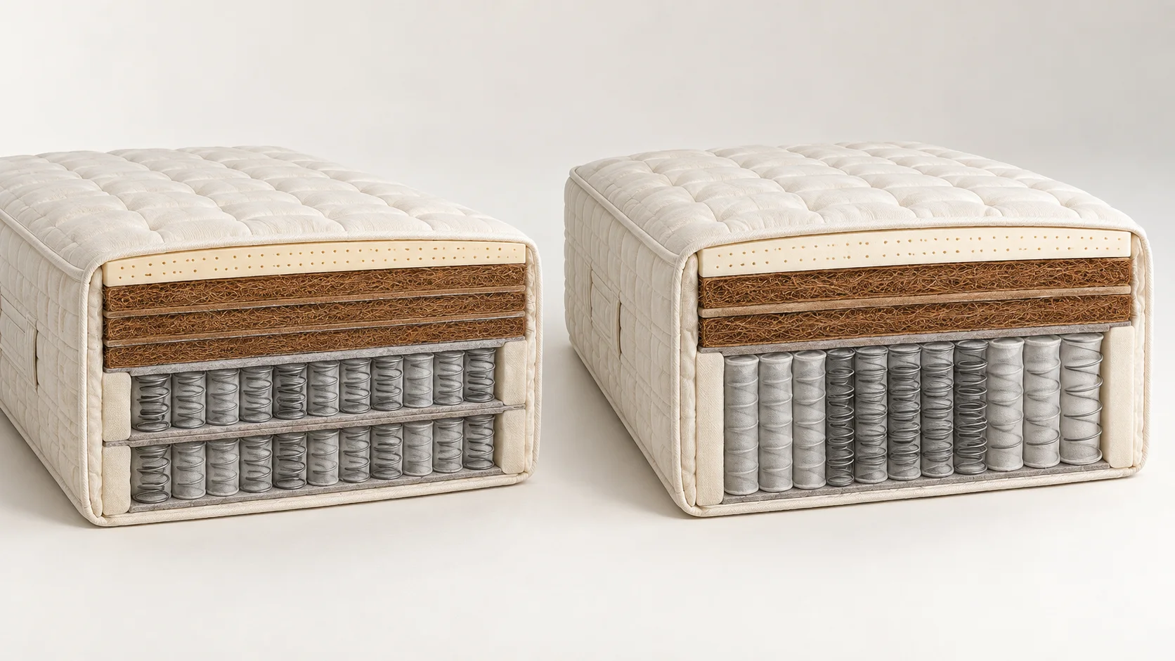 Demonstrative natural mattress cutaway comparing two stacked short coil units with one tall zoned coil unit