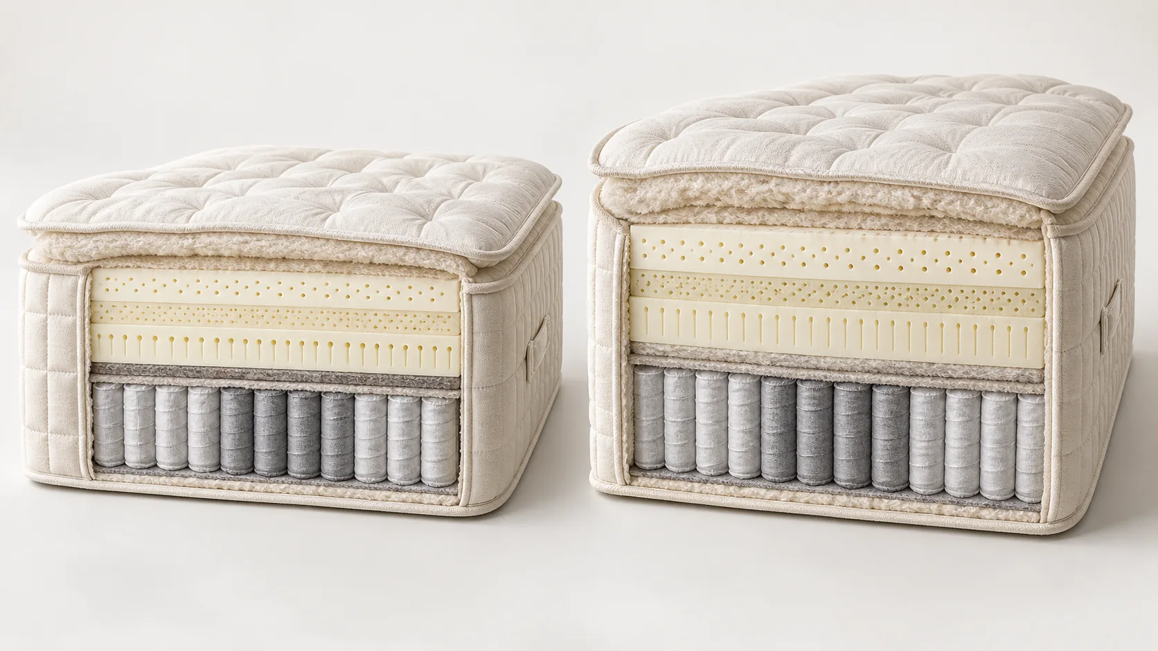 Demonstrative cutaway comparing a natural-latex pillow-top hybrid with a taller natural-latex box-top hybrid