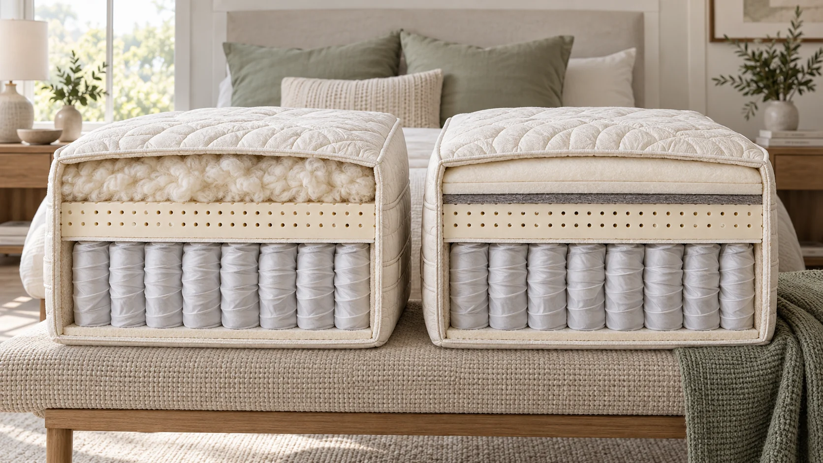 Illustrated mattress cutaways comparing a wool batting layer with a cotton batting and graphite-treated latex construction
