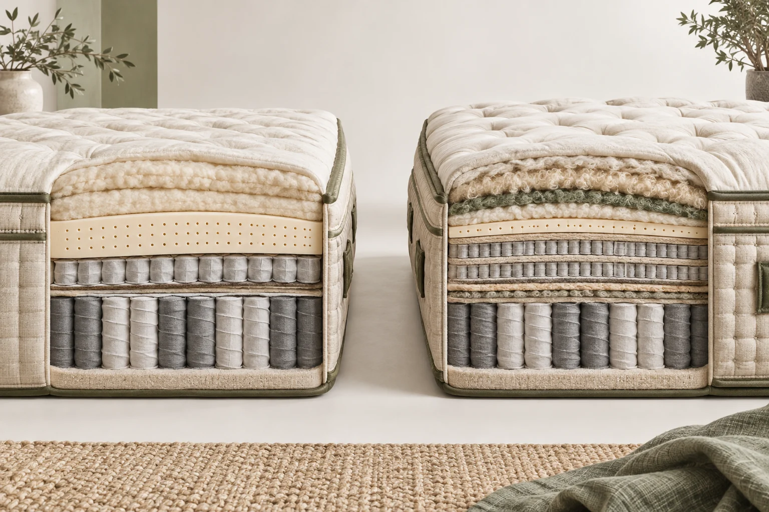 Illustrated cutaways showing a latex-led natural hybrid beside a more cushioned natural hybrid with comfort microcoils