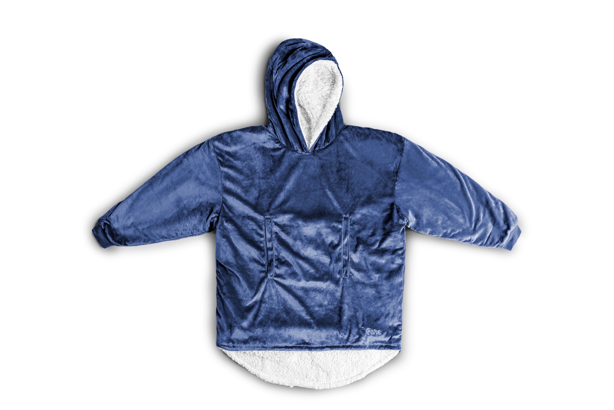 Blue Bare Home sherpa adult wearable blanket with hood and front pocket