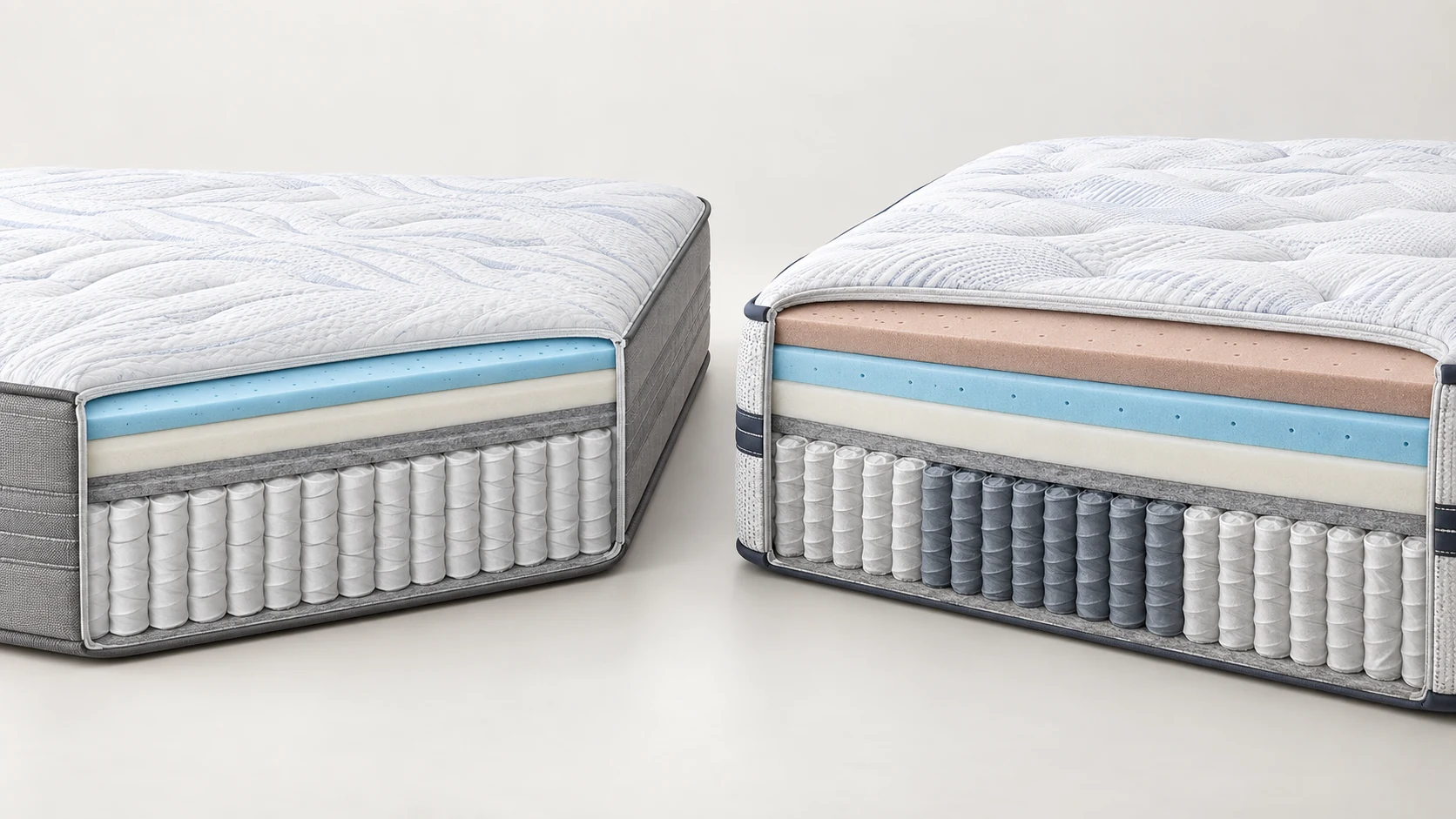 Demonstrative side-by-side cutaway of a value cooling hybrid and a premium copper-foam hybrid with zoned coils