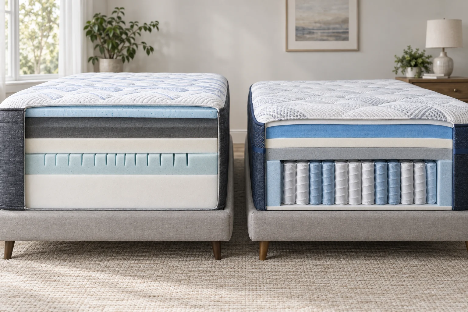 AI illustration comparing a thick cooling all-foam mattress with a responsive pocket-coil hybrid