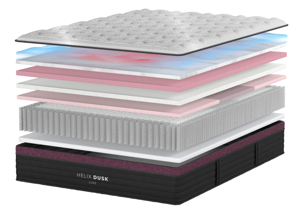 Official Helix Dusk Luxe construction render showing its quilted top, foams, and zoned coils