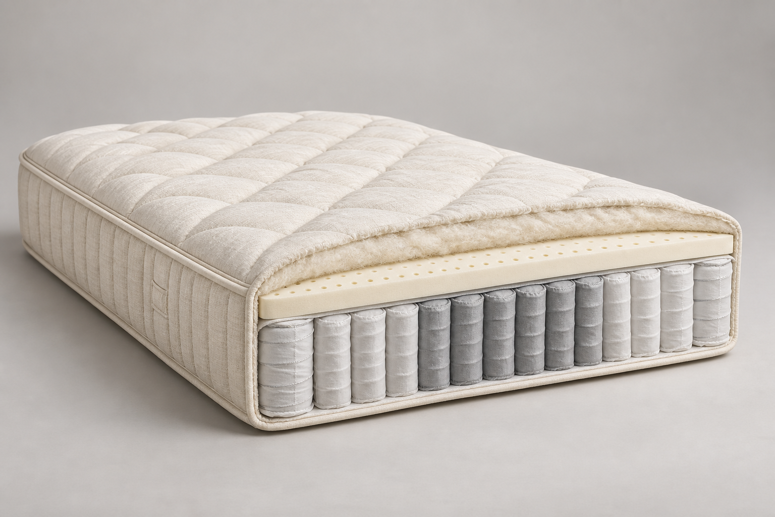 Illustrated cutaway of an eight-inch organic kids mattress with a shallow latex layer over low-profile coils