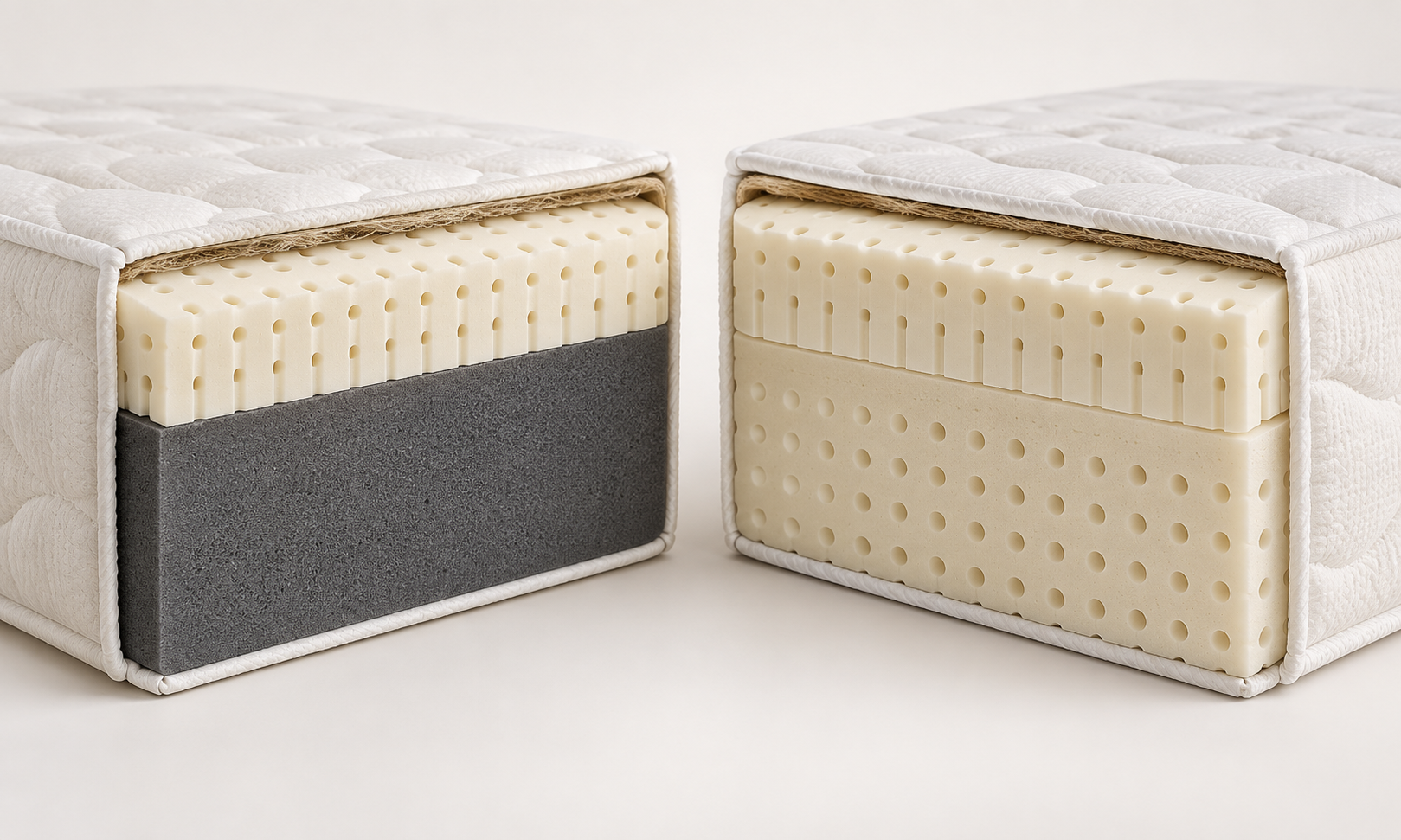 Illustrated side-by-side cutaway showing latex over a dark polyfoam support core and an all-latex mattress with separate comfort and support layers