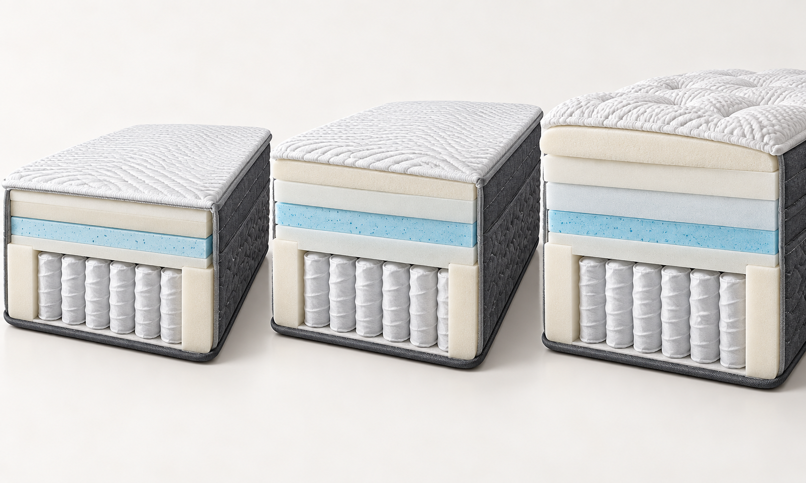 Illustrated three-mattress cutaway showing the progressively taller Firm, Cushion-Firm, and Ultra-Plush Heavenly Plush constructions