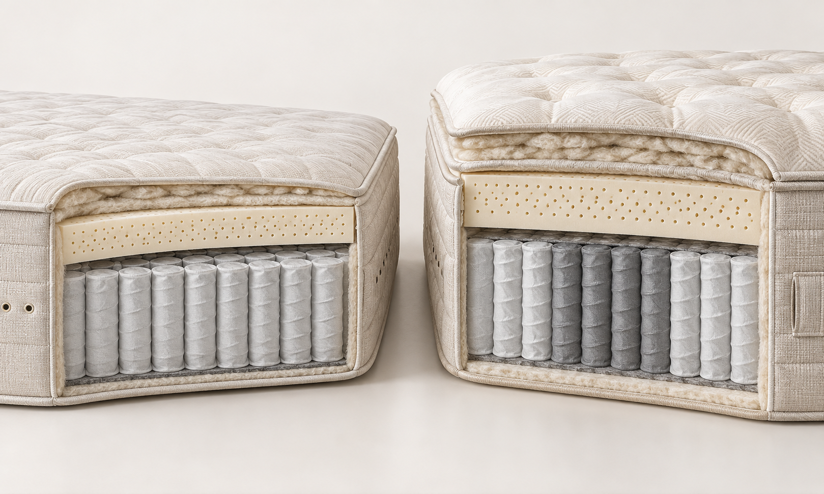 Illustrated side-by-side cutaway showing a two-inch latex hybrid and a taller three-inch latex pillowtop hybrid with zoned pocketed coils
