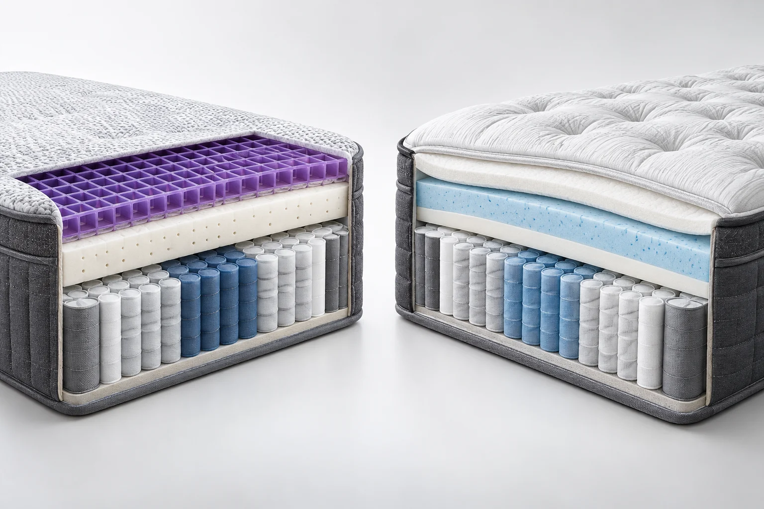 Illustrative cutaway comparing an open purple grid hybrid with a quilted Euro-top hybrid and zoned pocket coils