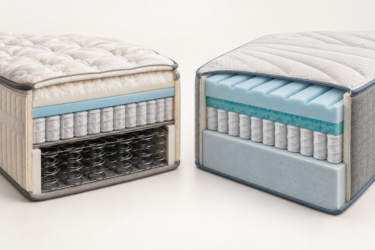 AI demonstration cutaway comparing a dual-coil pillow-top mattress with a memory-foam hybrid over one coil unit