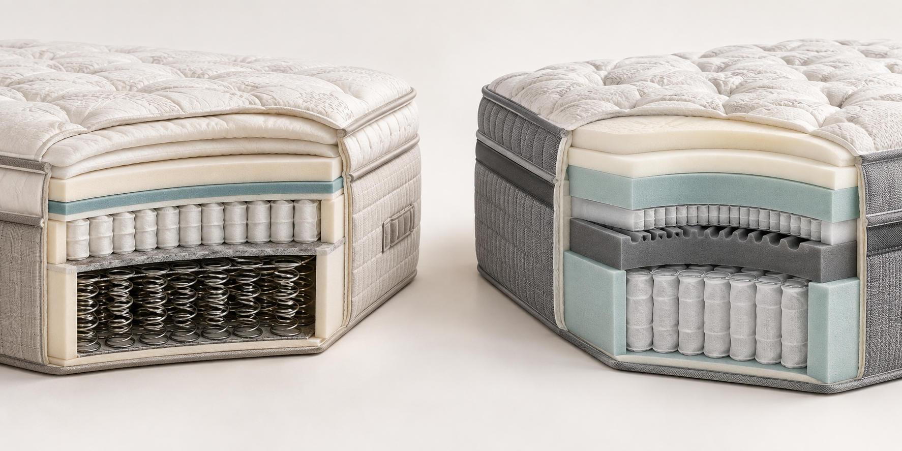AI demonstration cutaway comparing a dual-coil pillow-top mattress with a plush foam, microcoil, and wrapped-coil hybrid