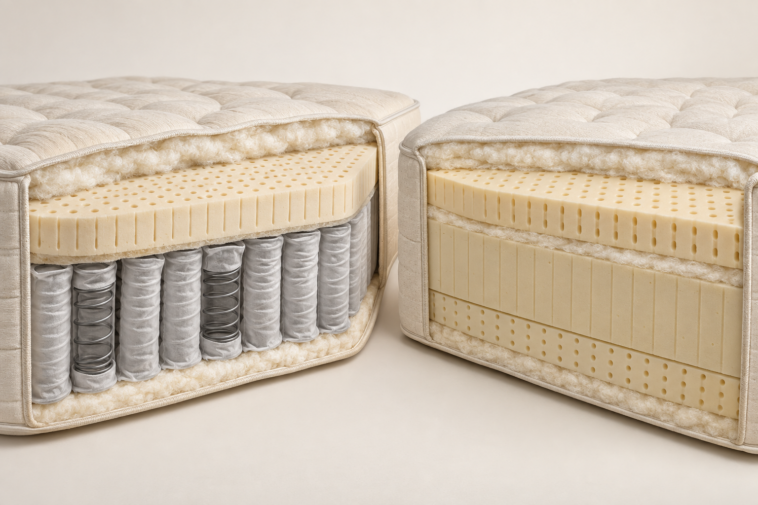 AI demonstration cutaway comparing a natural-latex hybrid over coils with a flippable all-latex mattress
