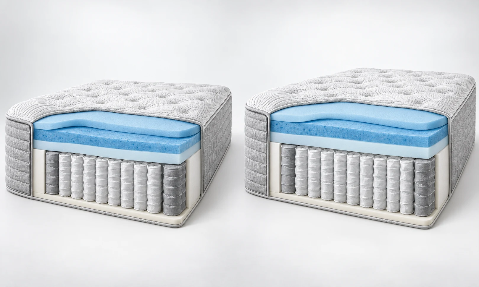 Demonstrative side-by-side cutaway of a 12-inch and 13-inch medium hybrid mattress with foam over pocketed coils