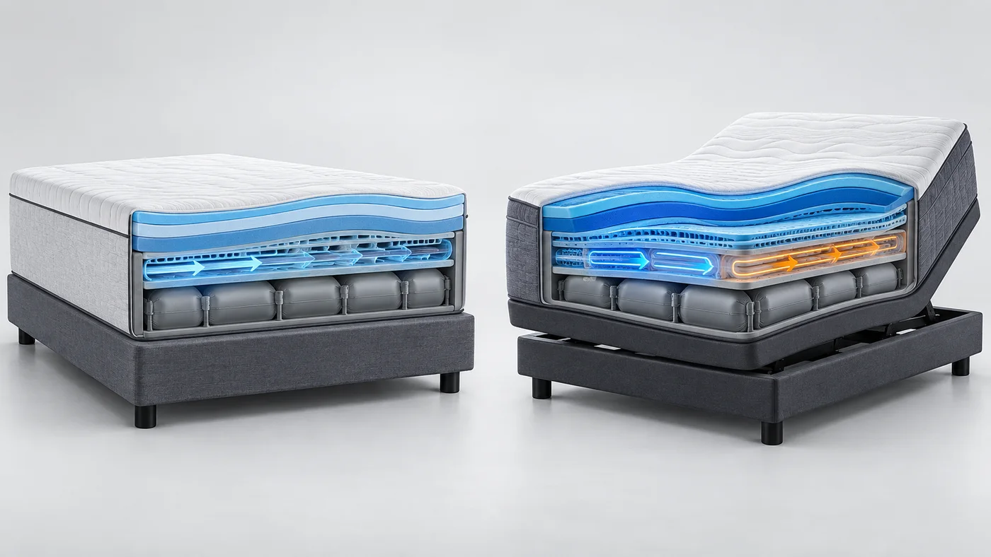 Demonstrative cutaway comparing an active-cooling adjustable-air mattress with a cooling-and-warming system on an articulated base