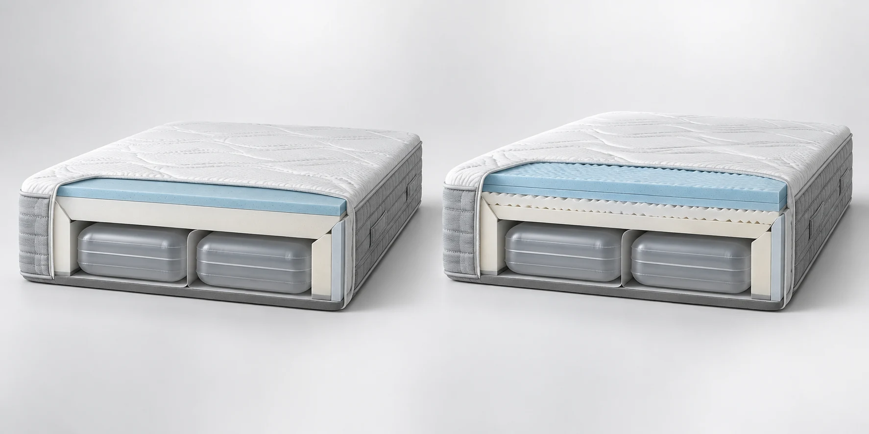 Demonstrative cutaway of two adjustable-air hybrid mattresses with added cooling and hip-cushioning material in the taller model