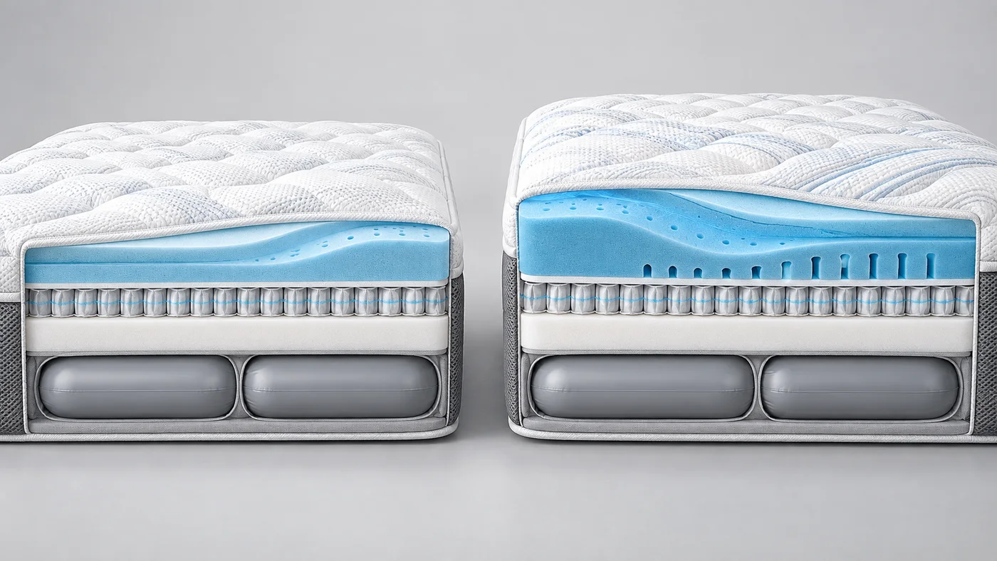 Demonstrative cutaway of two microcoil adjustable-air mattresses with a deeper plush cooling package in the taller model