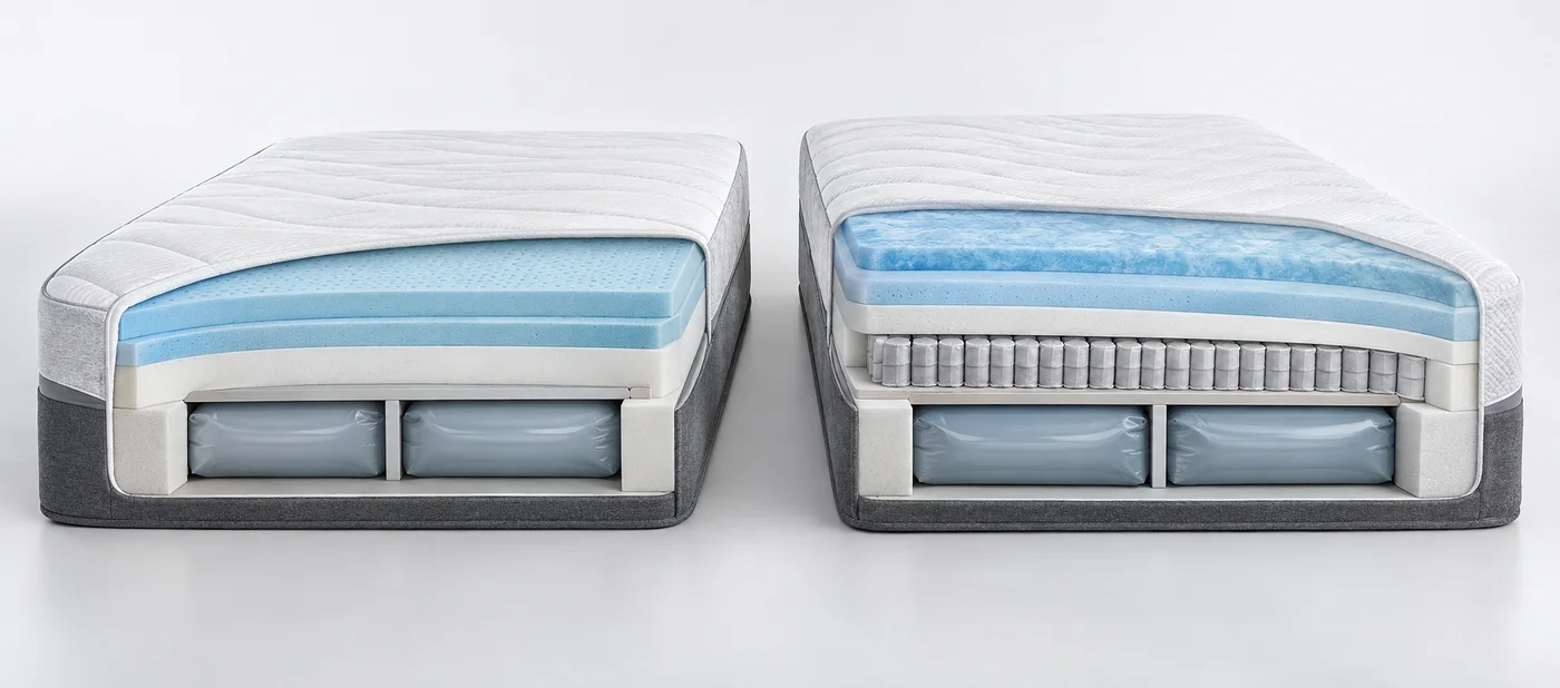 Demonstrative cutaway comparing an adjustable-air hybrid with a taller version that adds microcoils and more cooling material