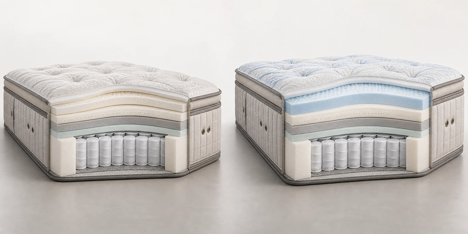 Demonstrative cutaway comparison of a luxury pillow-top hybrid and a taller version with added comfort and cooling materials