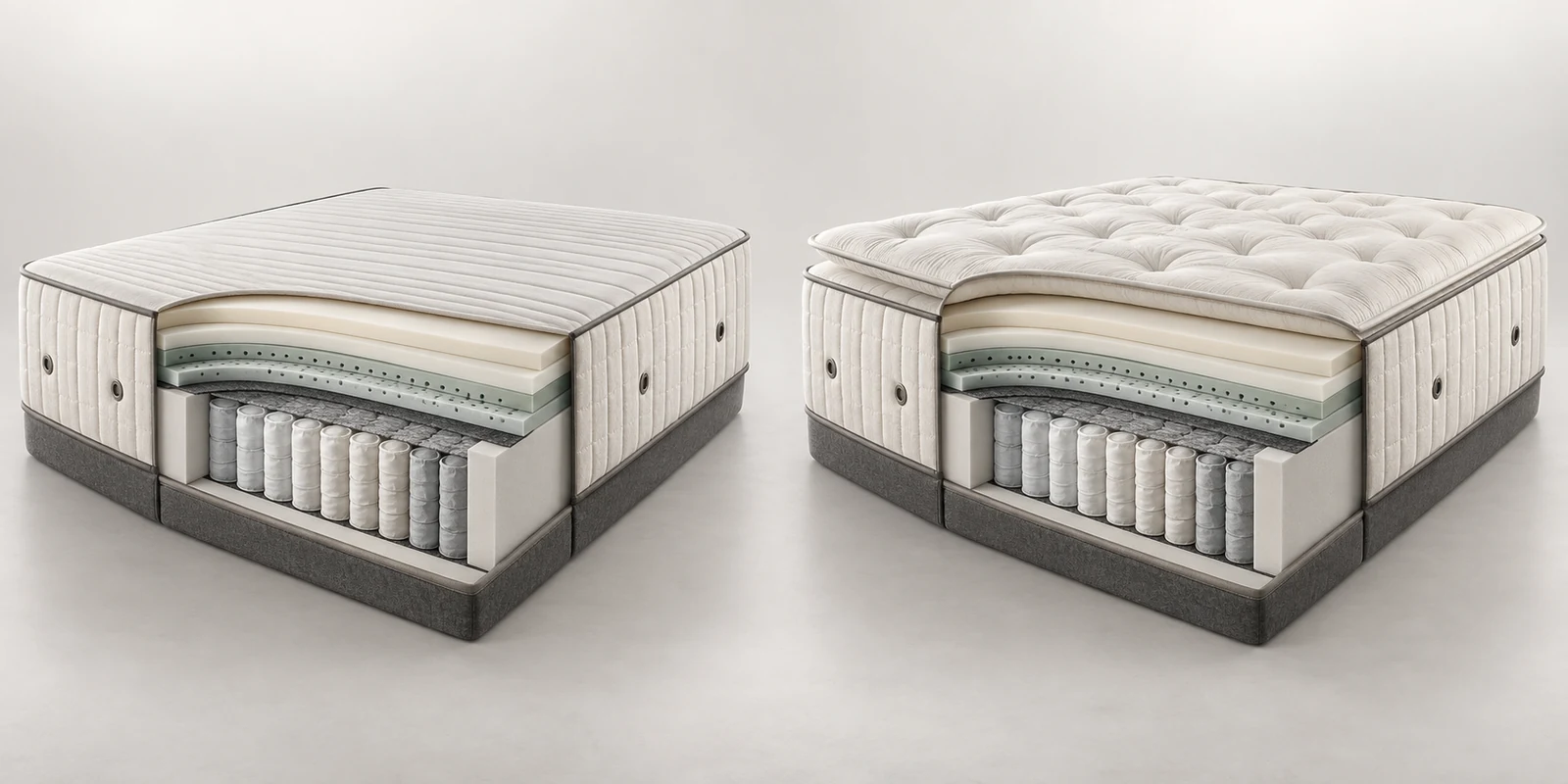 Demonstrative cutaway comparing a Stearns & Foster Estate Firm Tight Top concept with a more cushioned Pillow Top concept