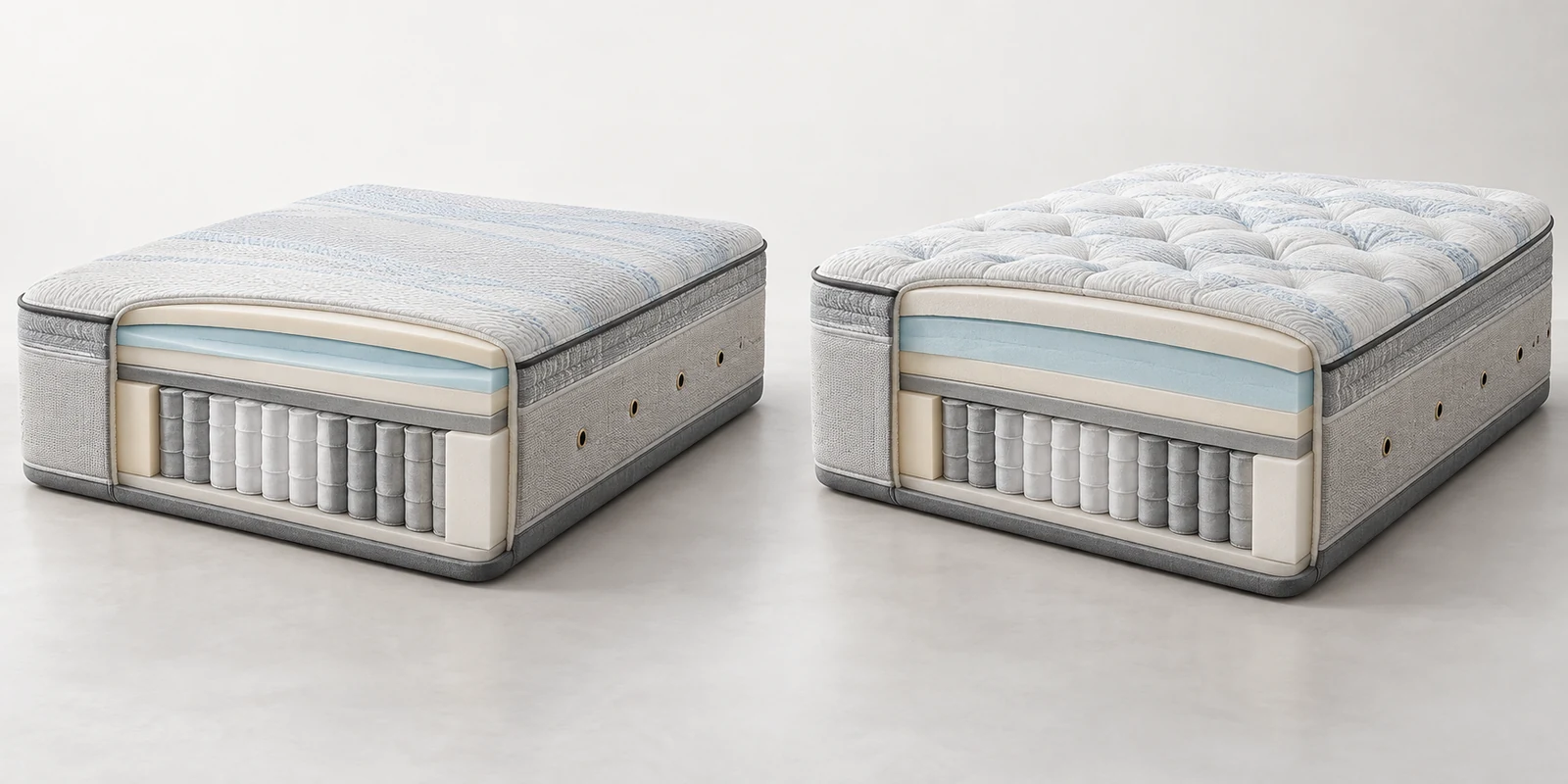 Demonstrative cutaway comparing a cooling luxury hybrid Tight Top with a taller Pillow Top and deeper comfort section