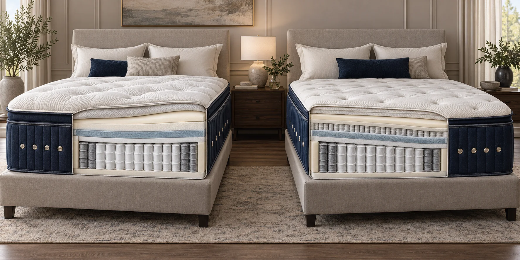 Illustration comparing a cushioned pillow-top surface with a hand-tufted tight top and denser coil core