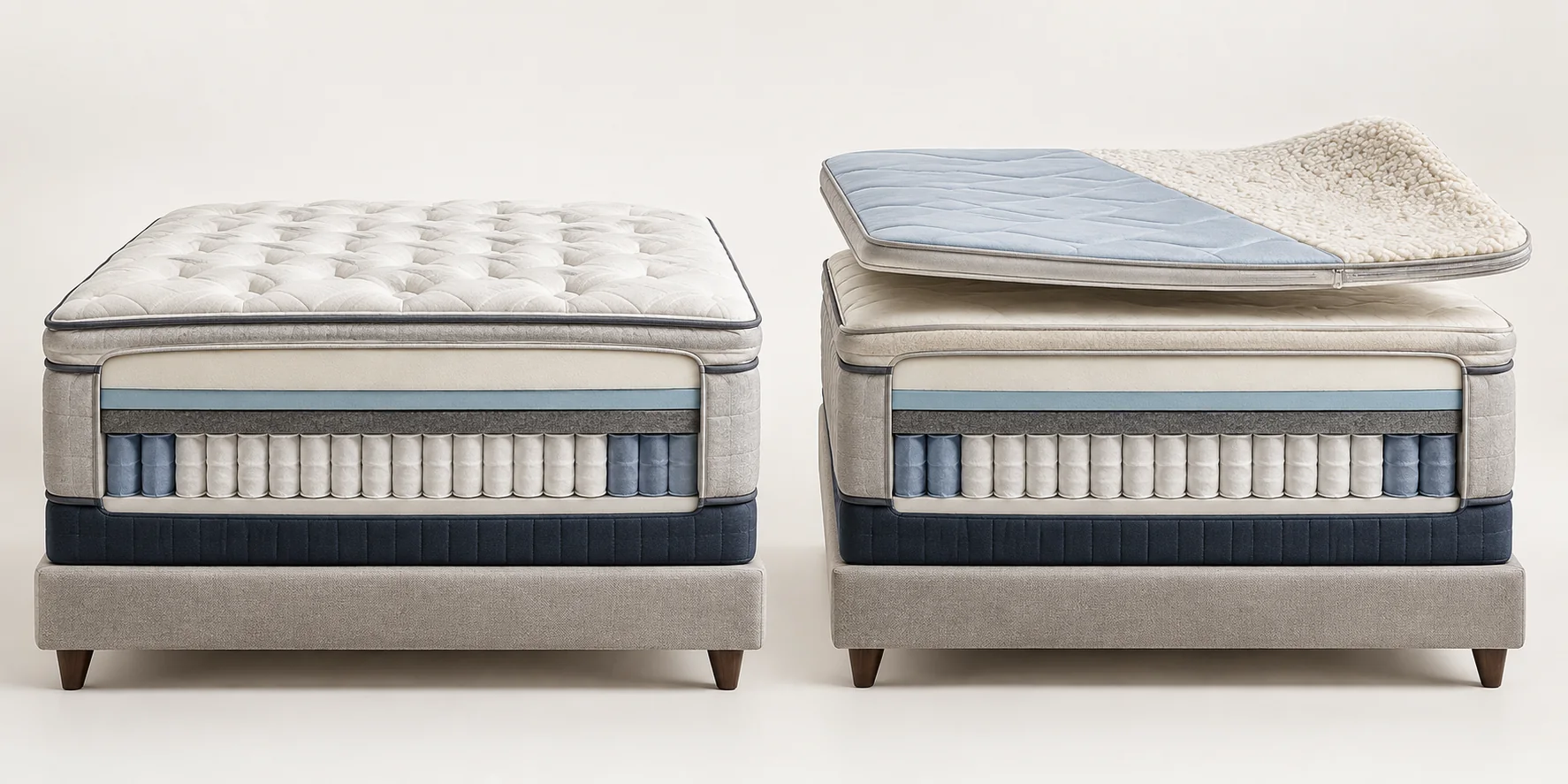 Illustration of a fixed luxury pillow-top mattress beside a mattress with a removable reversible seasonal topper