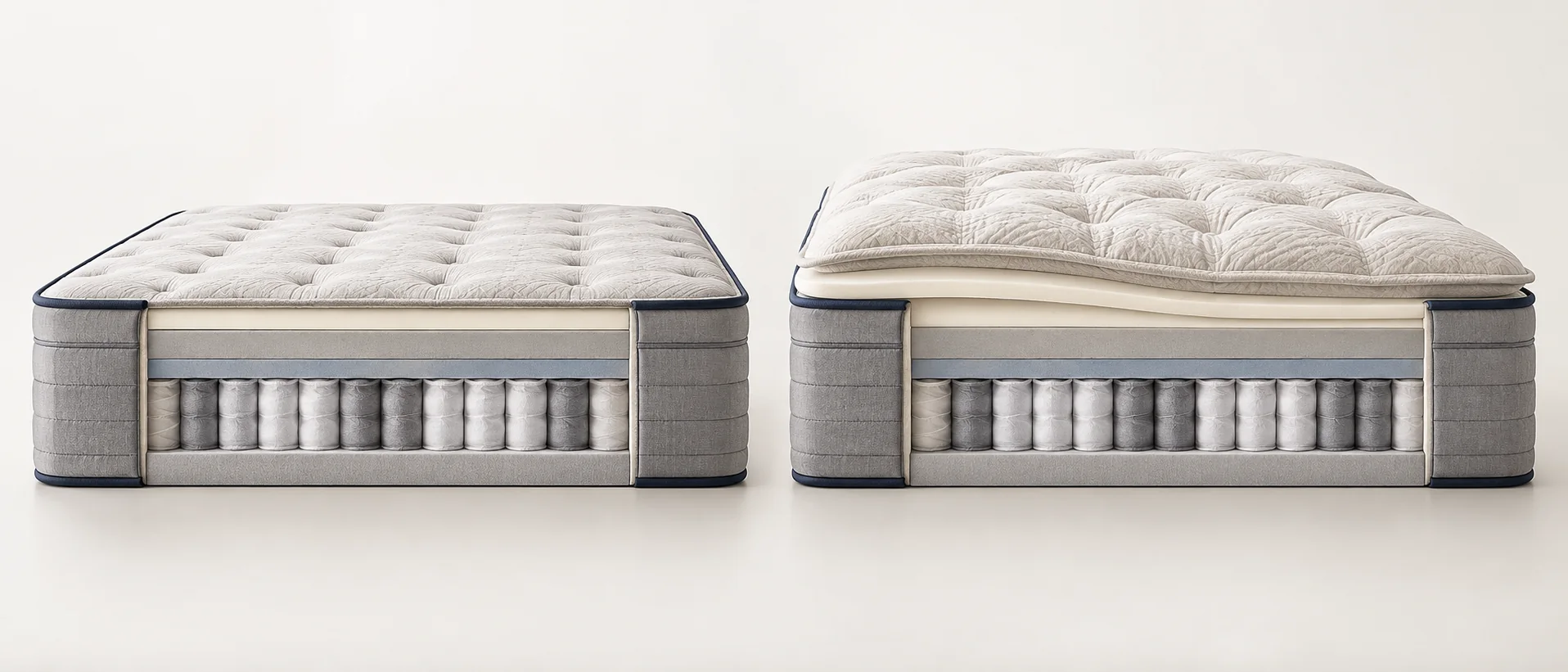 Illustration of a flatter hand-tufted luxury mattress beside a deeply cushioned fixed pillow-top mattress