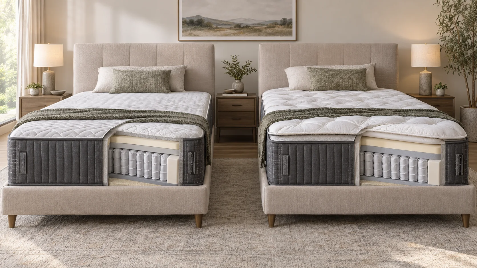 Demonstrative luxury hybrid cutaway comparing a flatter tight top with a more cushioned Euro pillow top