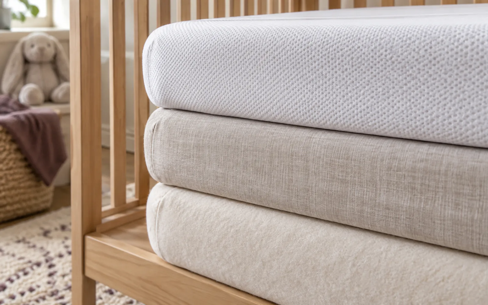 BEDGEAR Crib Sheets Compared: Dri-Tec vs Hyper-Linen vs Hyper-Wool explained through a photorealistic material or setup detail