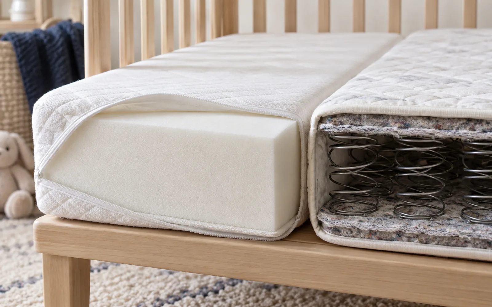 Foam vs Innerspring Crib Mattress for a Newborn: What Actually Changes? explained through a photorealistic material or setup detail