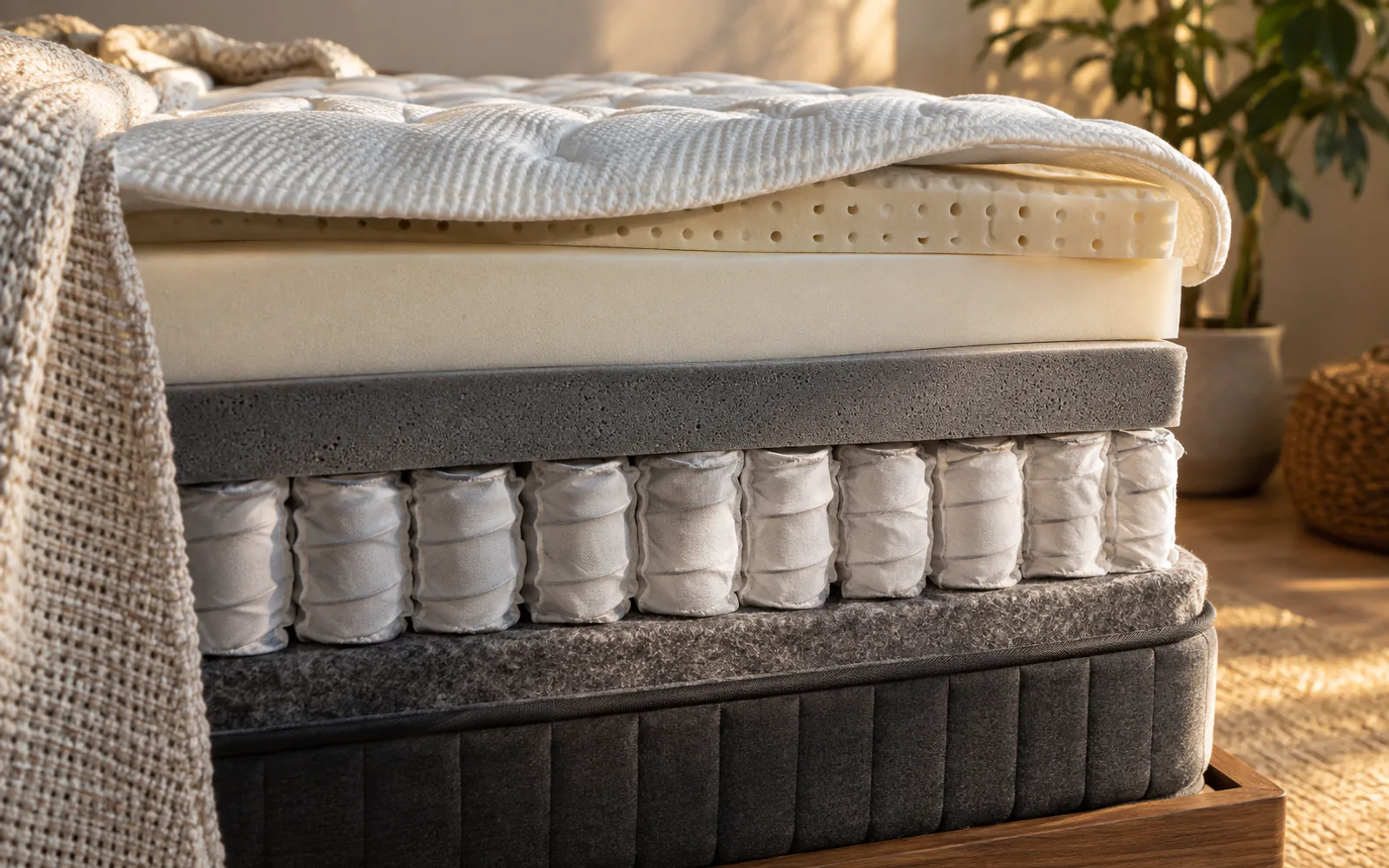 Mattress Types Explained: Innerspring, Memory Foam, Latex, and Hybrid explained through a photorealistic material or setup detail