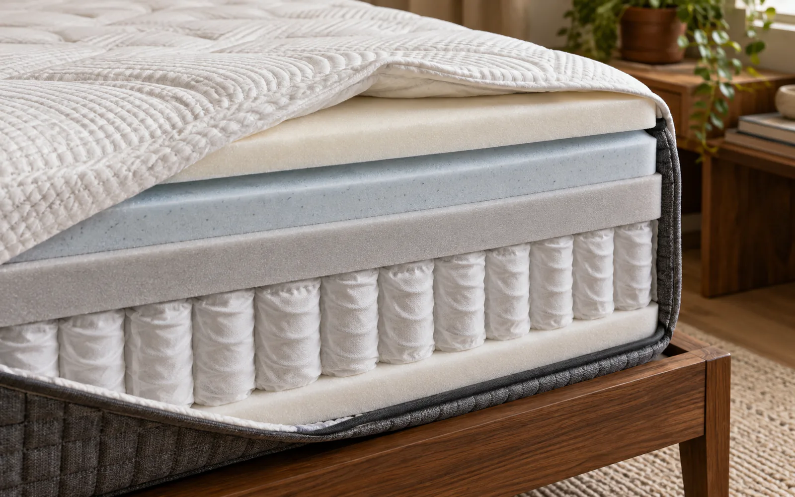 Nest Sparrow Signature Hybrid Review 2026: Energex Foam, Coils, and Split Firmness explained through a photorealistic material or setup detail