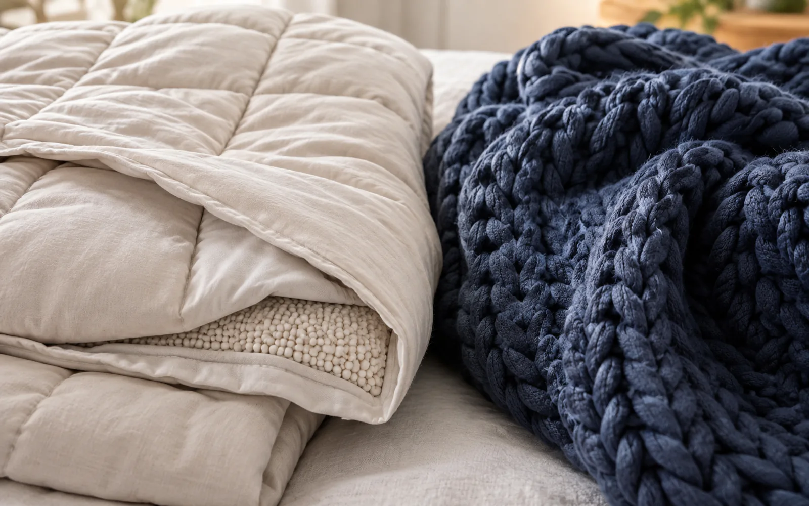 Nest Weighted Blanket vs Bearaby Tree Napper 2026: Beads or Knit? explained through a photorealistic material or setup detail