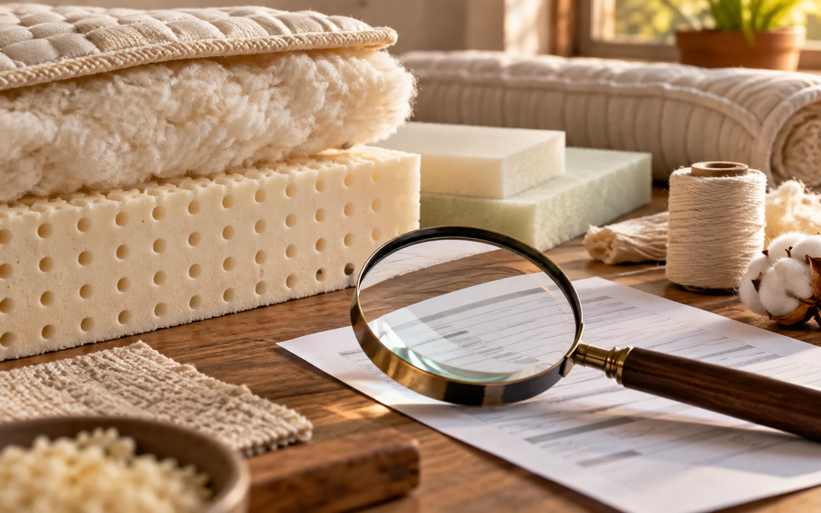 Mattress Certifications Explained: GOTS, GOLS, GREENGUARD & CertiPUR-US explained through a photorealistic material or setup detail