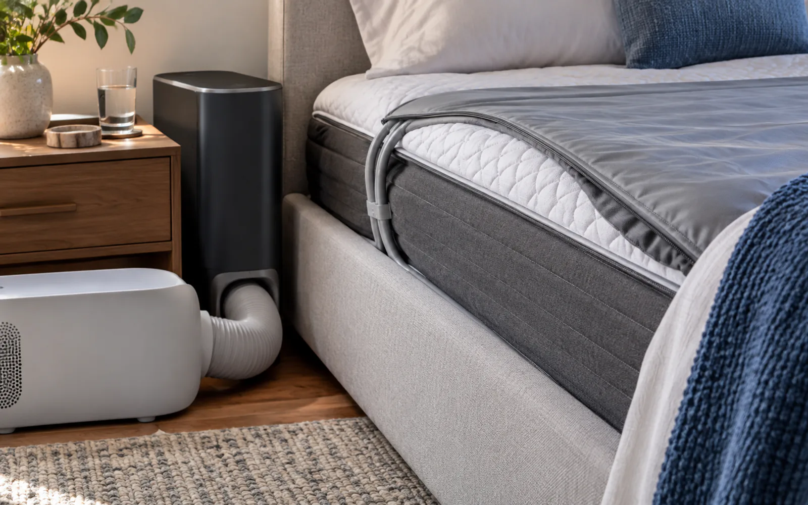 Perfectly Snug vs Eight Sleep vs BedJet: Literal Cooling Differences explained through a photorealistic material or setup detail