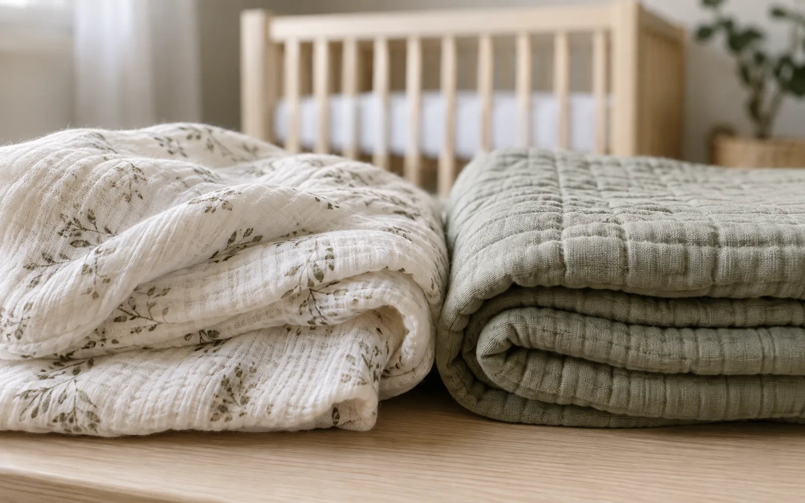 Saranoni Muslin Swaddle vs 4-Layer Quilt: Which Stage Fits? explained through a photorealistic material or setup detail