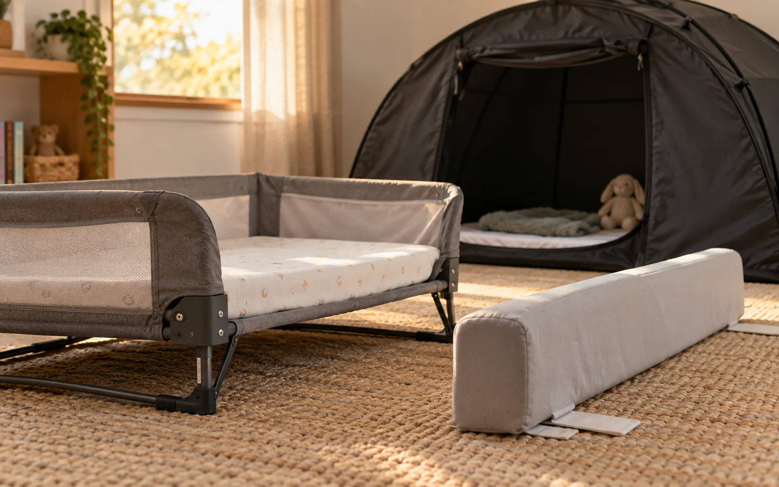Traveling With a Toddler: Portable Bed, Bed Bumper and Blackout Setup explained through a photorealistic material or setup detail