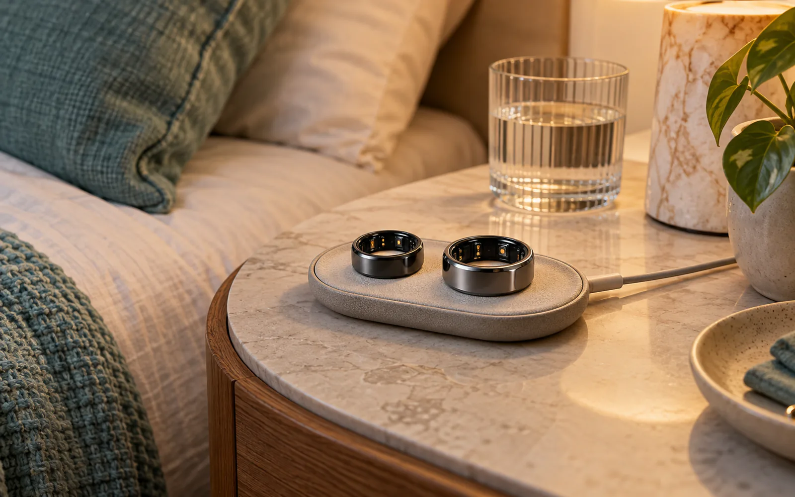 Illustrative two smart rings resting on a charging pad beside a bed