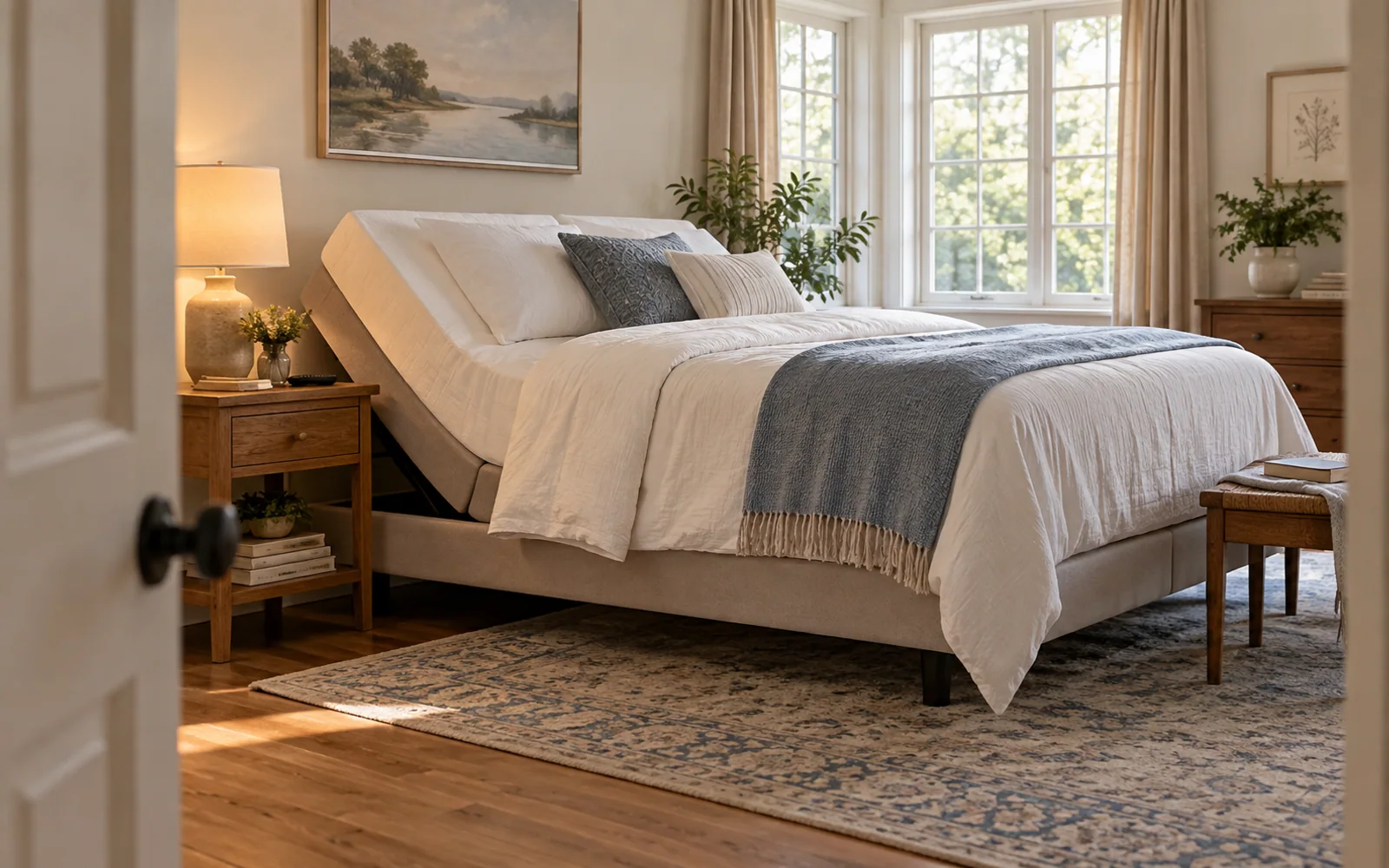 A fabric-covered adjustable bed gently raised at the head, dressed in cotton bedding in a calm bedroom.
