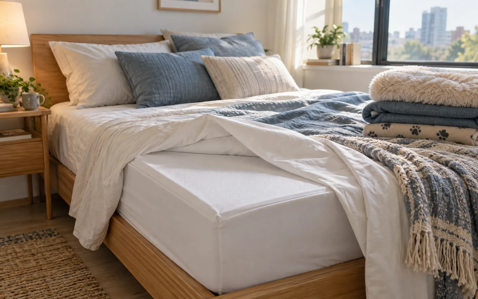 A sheet corner turned back over a fabric-covered mattress surface, with folded spare bedding nearby.