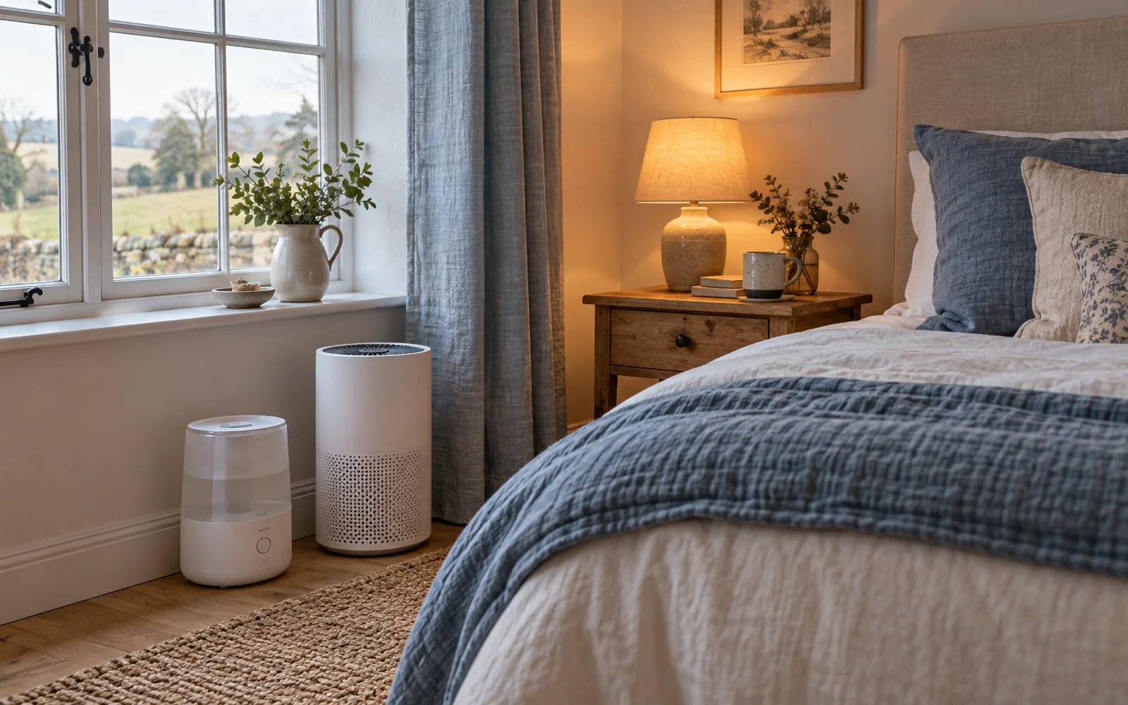 A compact humidifier and air purifier near a bedroom window, with soft bedding and curtains nearby.
