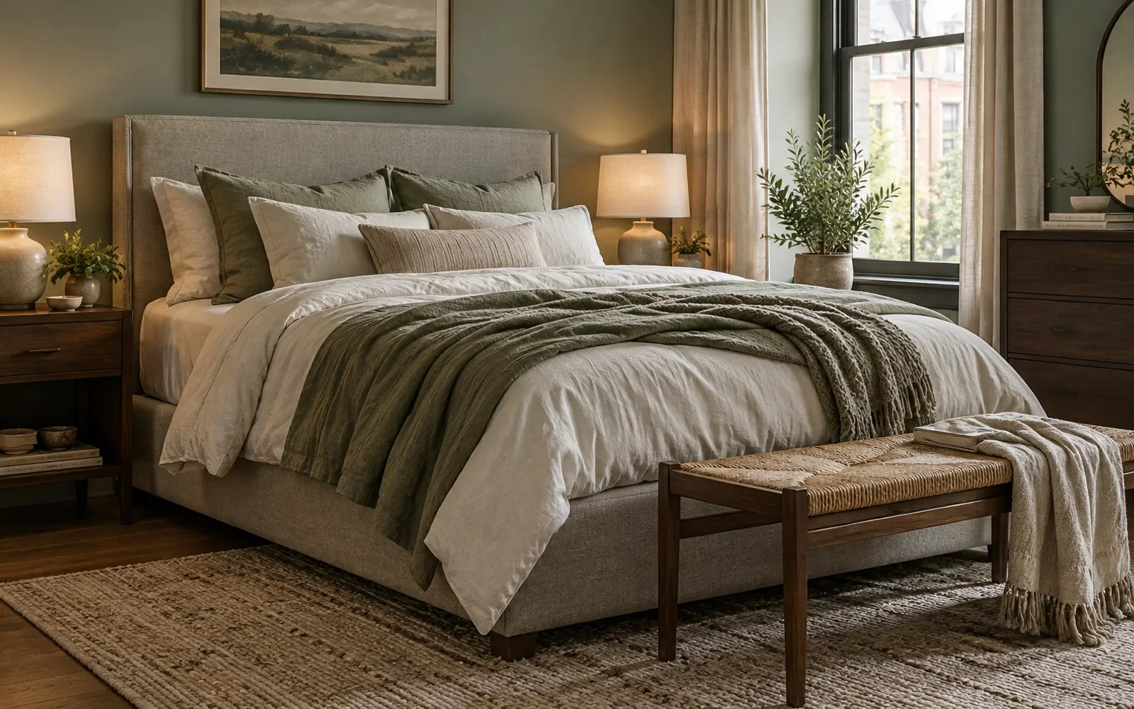 A complete fabric-covered bed with softly rumpled bedding, textured pillows, and practical furniture in a calm bedroom.