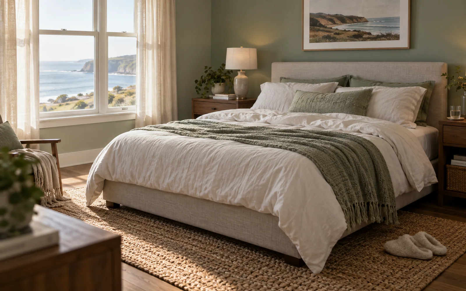 A complete fabric-covered bed with softly rumpled bedding, textured pillows, and practical furniture in a calm bedroom.
