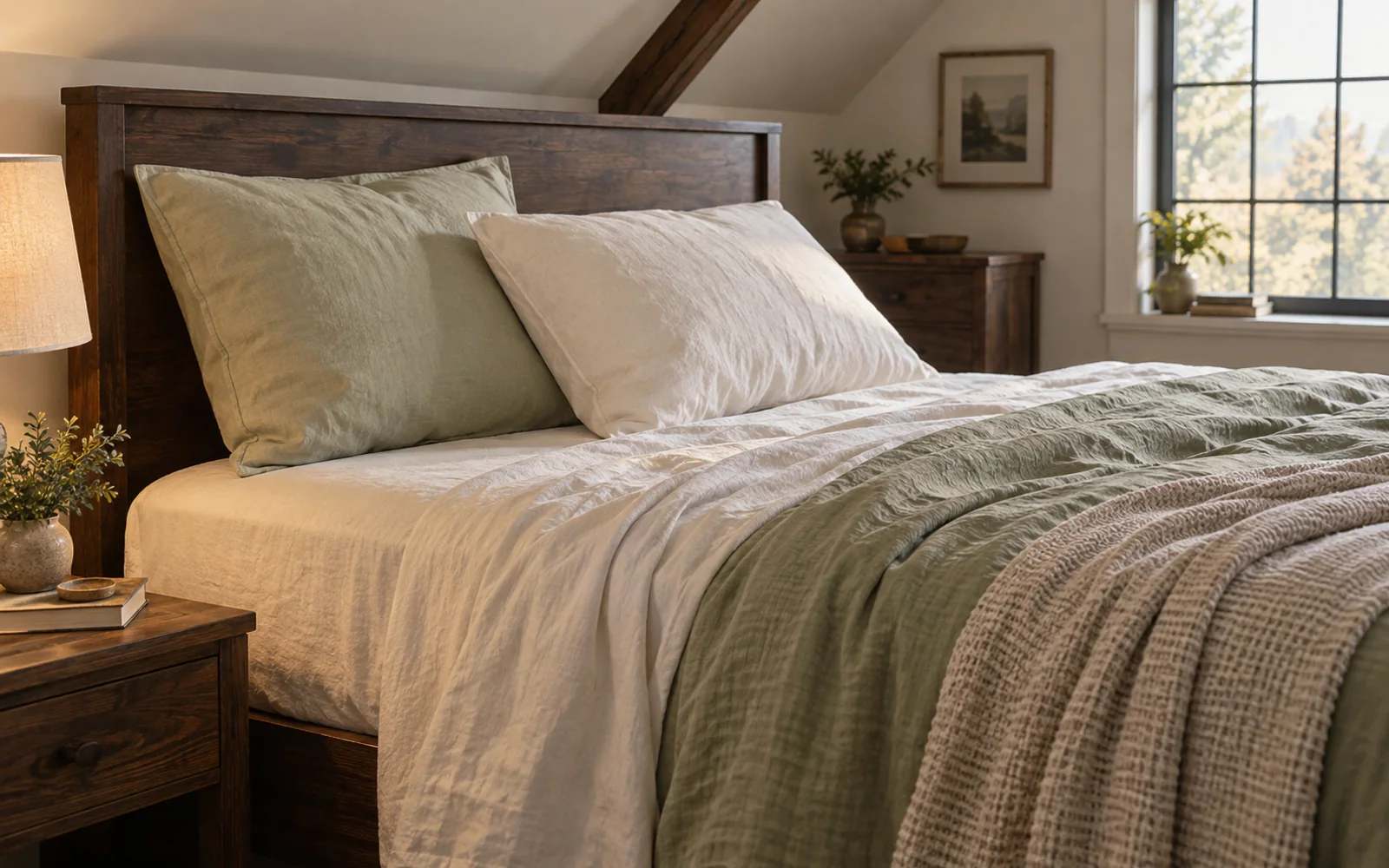 Fabric-covered sleeping pillows with different shapes and lofts arranged on a softly made bed.