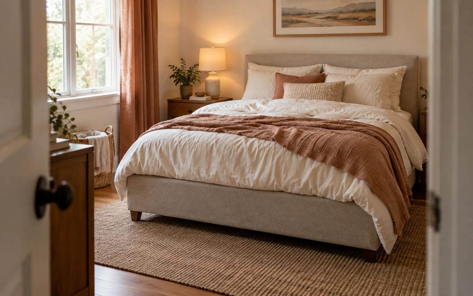 A complete fabric-covered bed with softly rumpled bedding, textured pillows, and practical furniture in a calm bedroom.